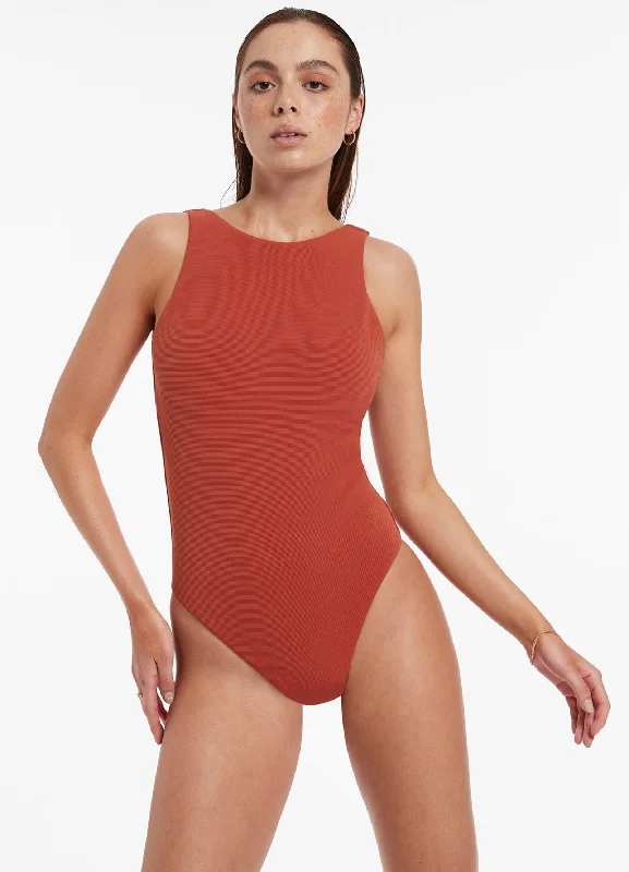 Isla Rib High Neck One Piece - Russet