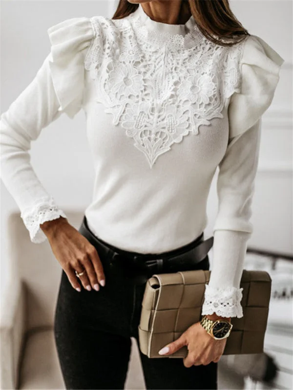 Stand Collar Blouse | High Neck Tee with Ruffle & Lace