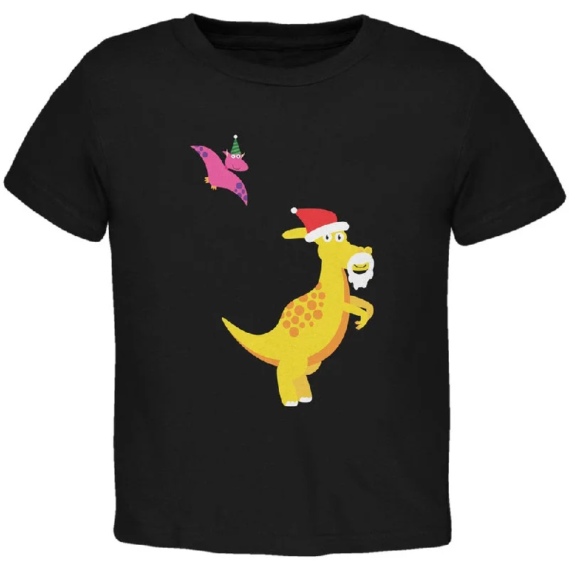 Christmas Dinosaur Pterodactyl Black Toddler T-Shirt