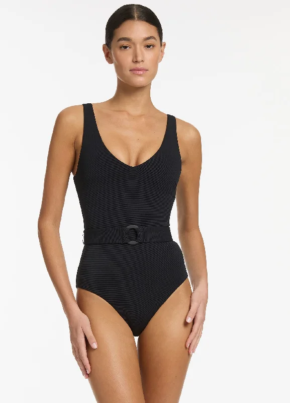 Isla Rib V-Neckline Belted One Piece - Black