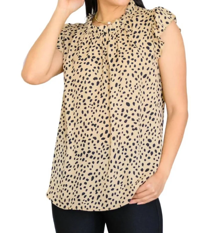 Kristen High Neck Flowy Dotted Blouse In Taupe