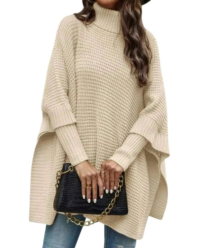 High Neck Knit Poncho Sweater In Beige