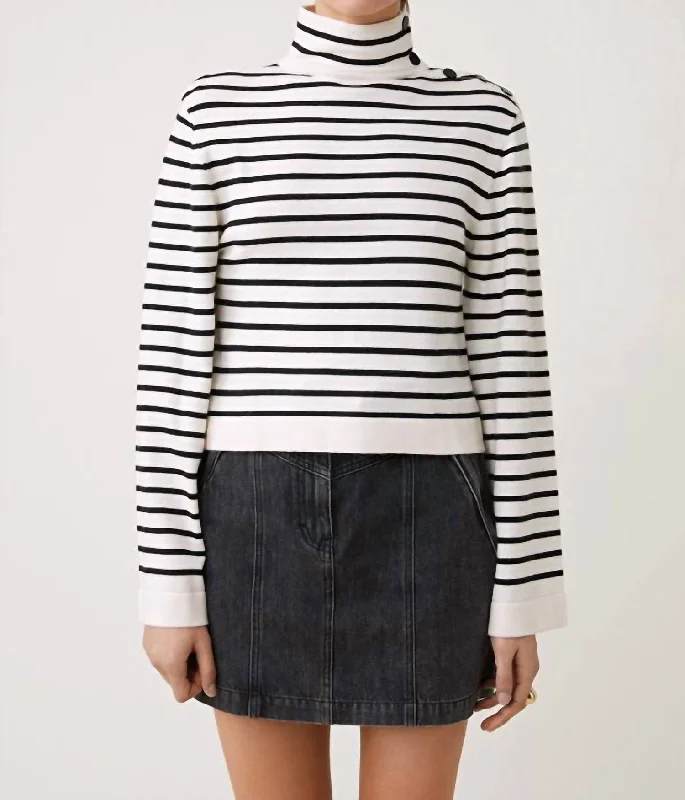 Piriac Striped High Neck Sweater In Blanc Casse Off White/black