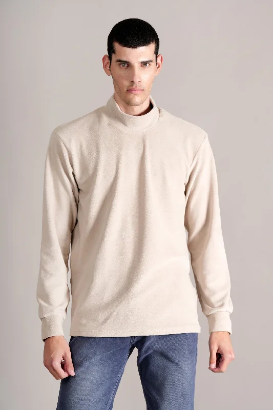 Men's Beige Solid Full Sleeves High Neck T-shirt