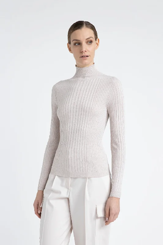 Ribbed high neck sweater in viscose yarn and Lurex