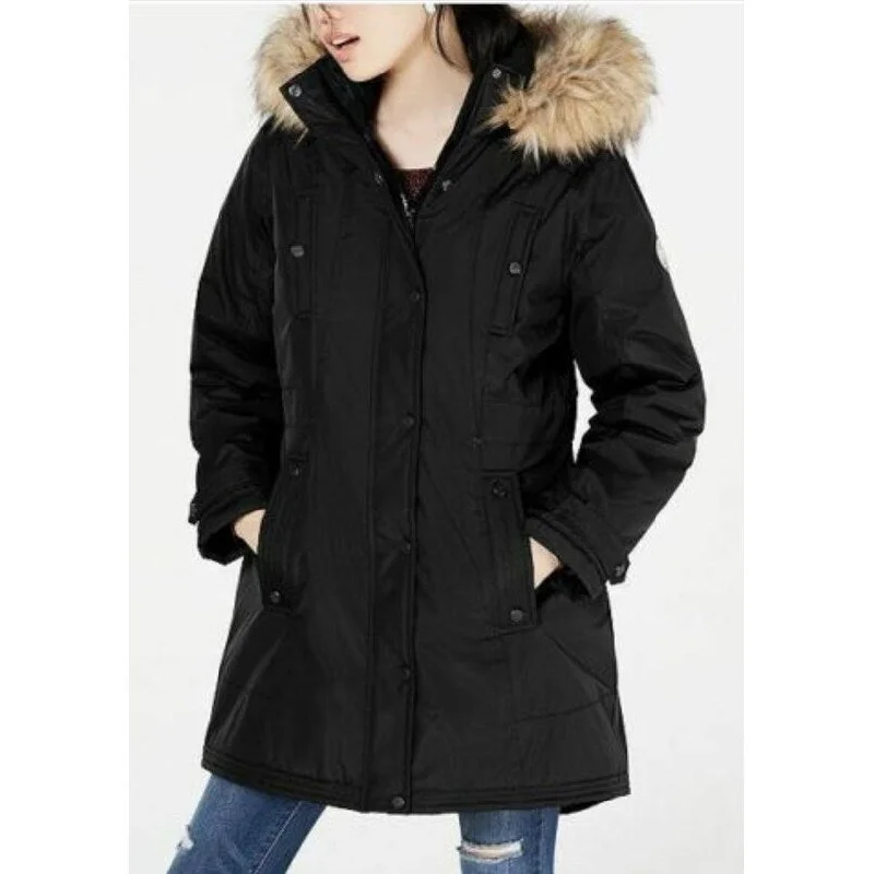 Madden Girl Junior's Hooded Faux Fur Trim Parka Black Size X-Small - XS