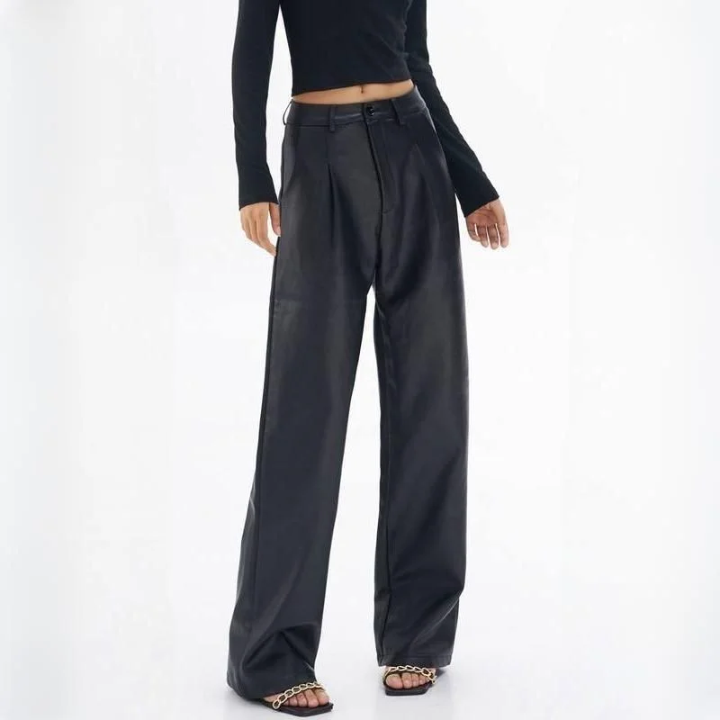 Women's Vintage Casual PU Leather Wide Leg Pants