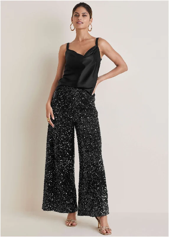 Sequin Velvet Pants - Black