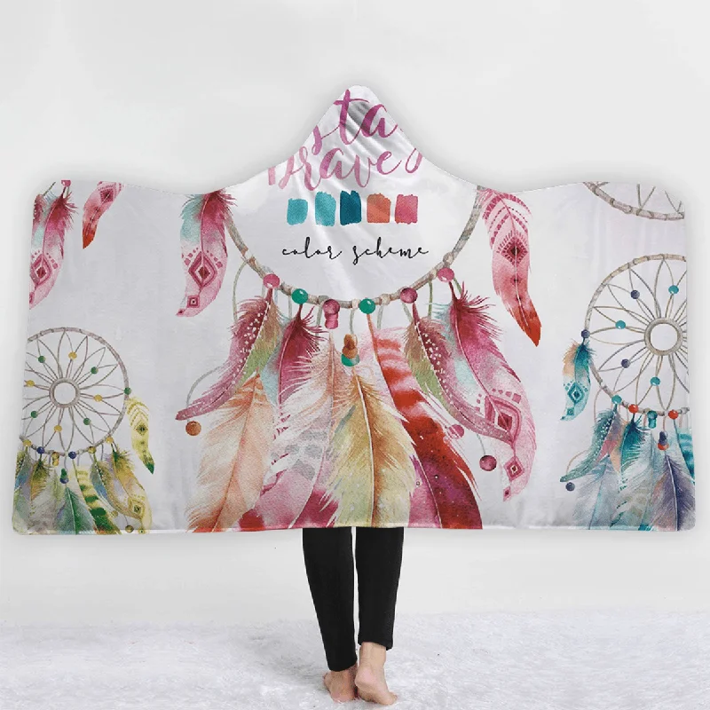 Bohemia Style Blankets Dream Catcher Watercolor Painting Hooded Blankets Warm Coral Fleece Sherpa Fabric Feather Drawing Throw Blankets