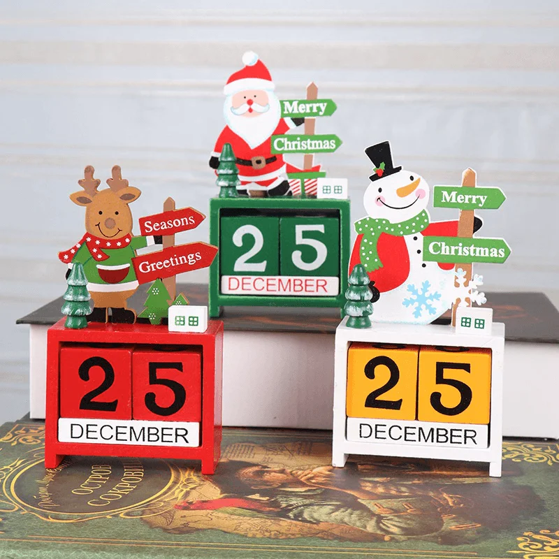 Christmas Advent Countdown Calendar Wooden Santa Claus Snowman Reindeer Pattern with Painted Blocks Holiday Home Decorations