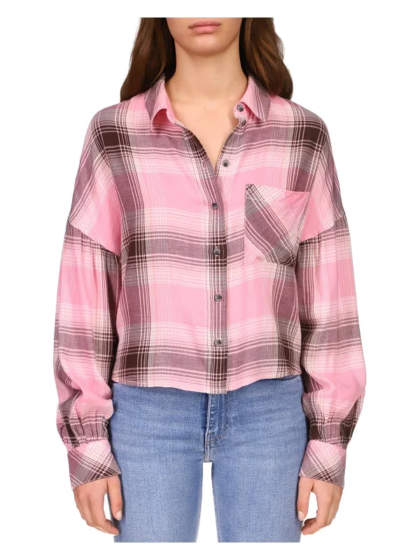 The Cabin Womens Plaid Collared Button-Down Top