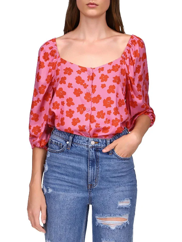 Womens Floral Print Peasant Top Button-Down Top