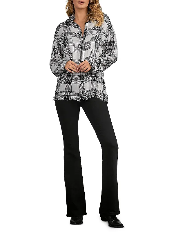 Womens Metallic Plaid Button-Down Top