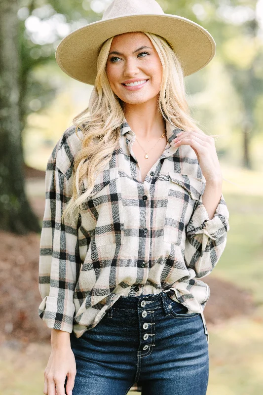 Check It Out Tan Brown Button Down Plaid Top