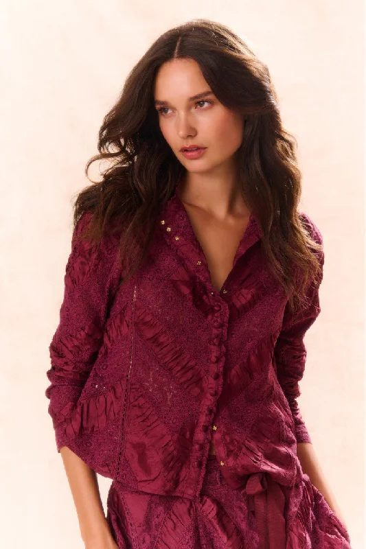 Isaline Button Down Lace Top - OXBLOOD