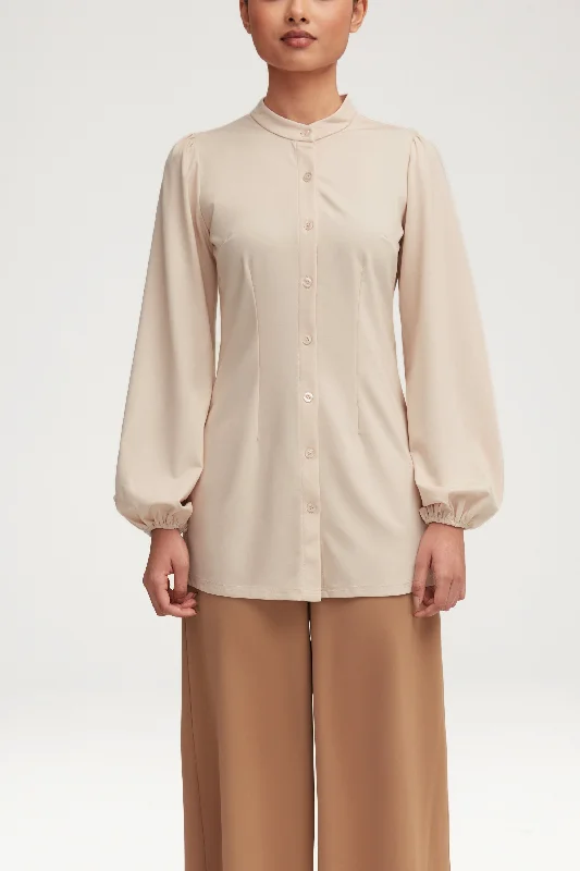 Rayana Jersey Button Down Top - Light Sand