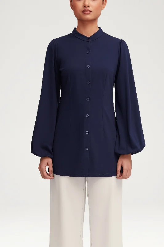 Rayana Jersey Button Down Top - Navy Blue