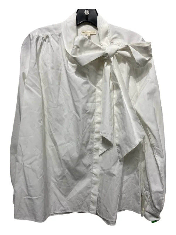 Ann Mashburn Size S White Button Down Tie Neck Long Balloon Sleeve Top