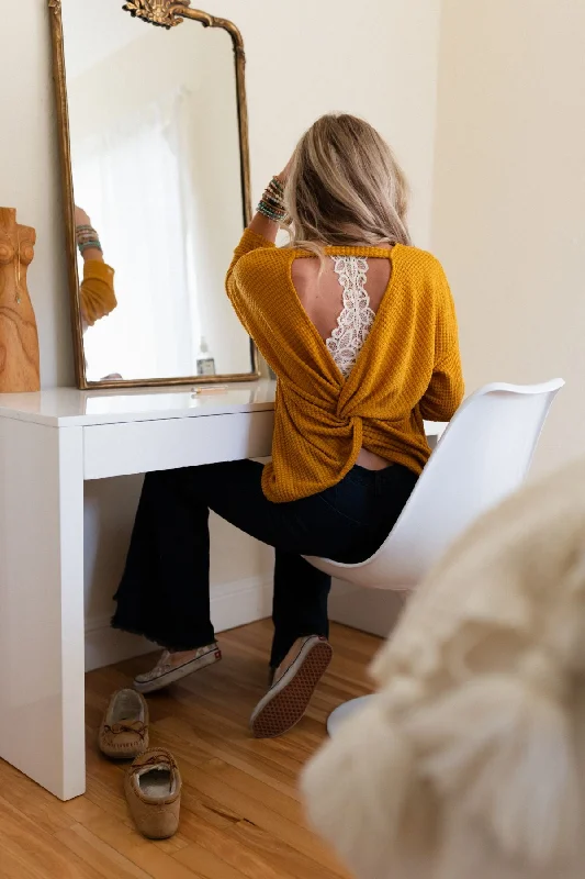 The Nest Flattering Open Back Thermal Knit Top - Mustard