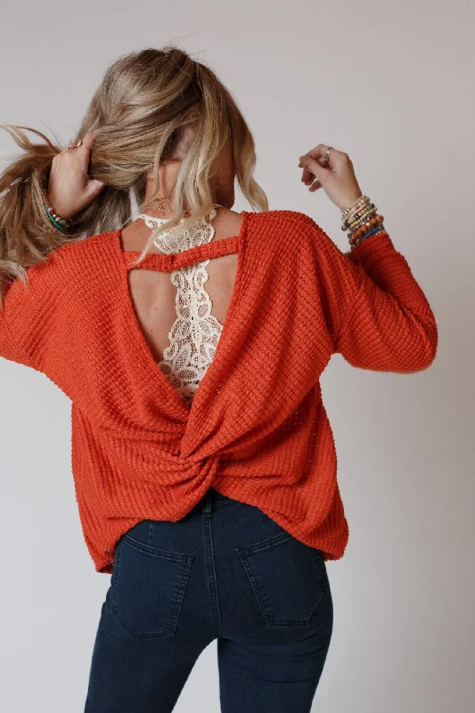 The Nest Flattering Open Back Thermal Knit Top - Rust