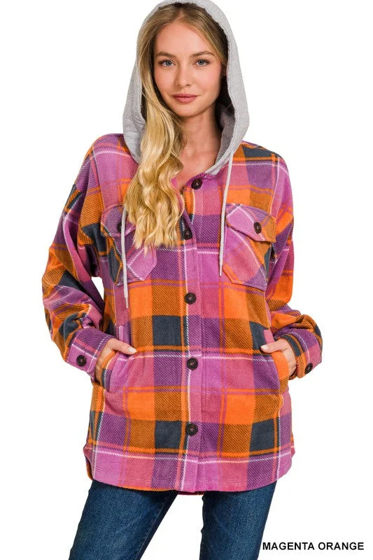 Plaid Fleece Shacket with Hood