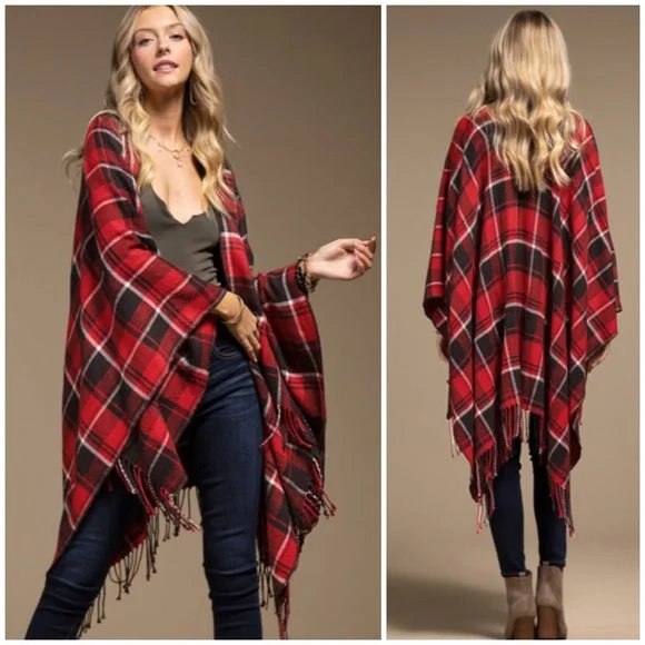 Red Black Plaid Blanket Ruana Knit Fall Winter Fringe Open Poncho Wrap