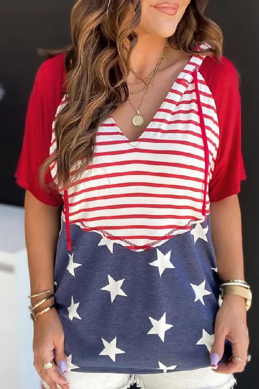 Red Stars and Stripes Drawstring Hooded Tee