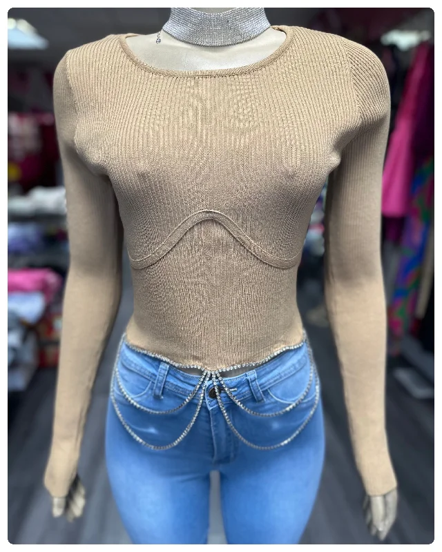 Tan Rhinestone Knit Top