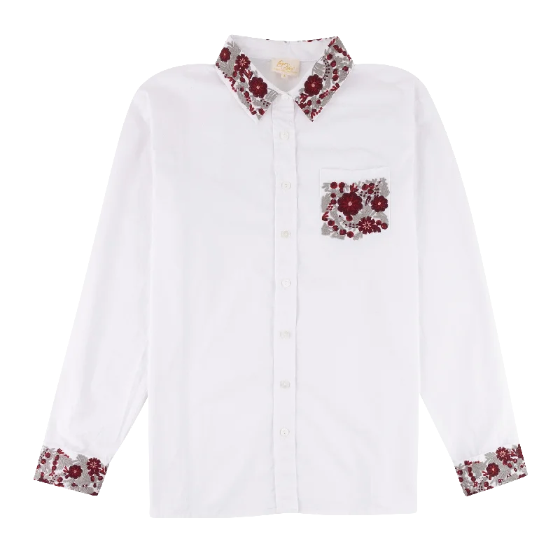 White Floral Embroidered Button Down