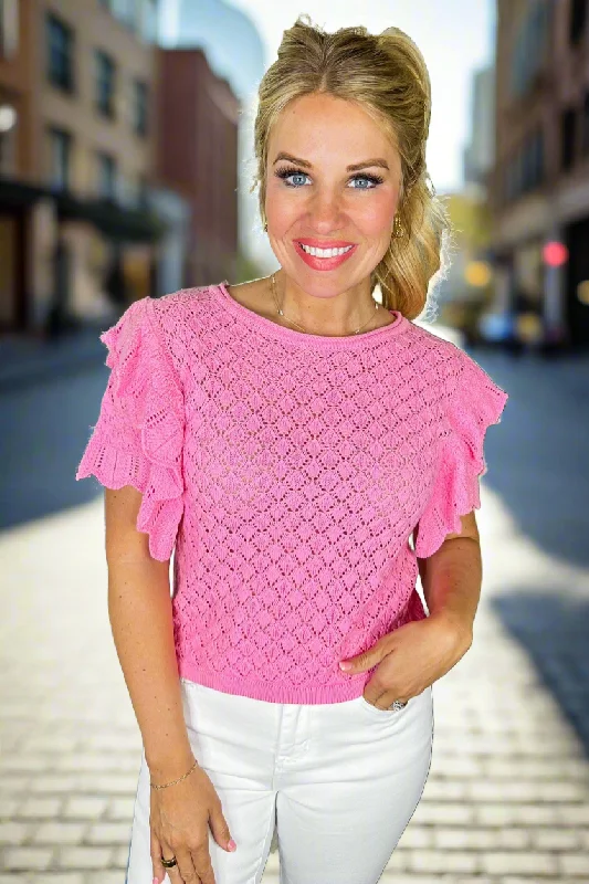 Crochet Knit Ruffle Sleeve Top in Pink