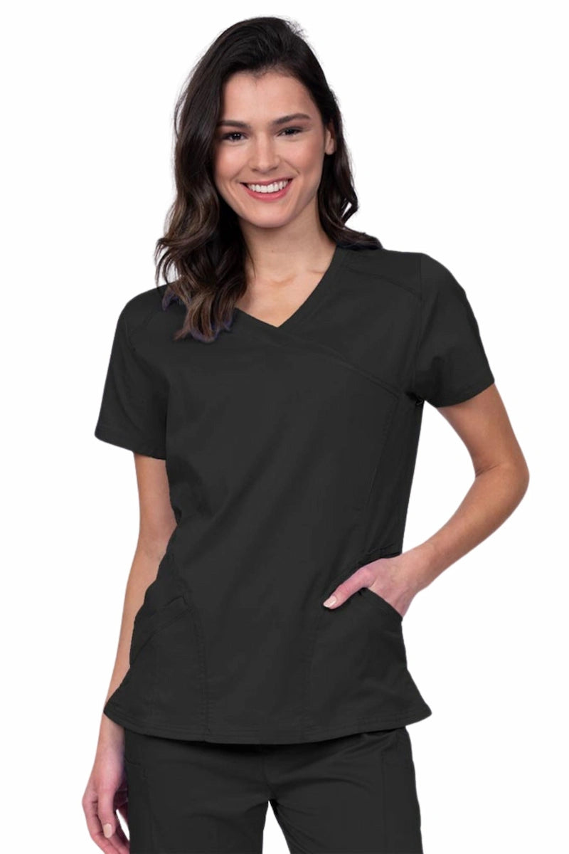 Epic by MedWorks Women's Knit Collar Mock Wrap Scrub Top | Black