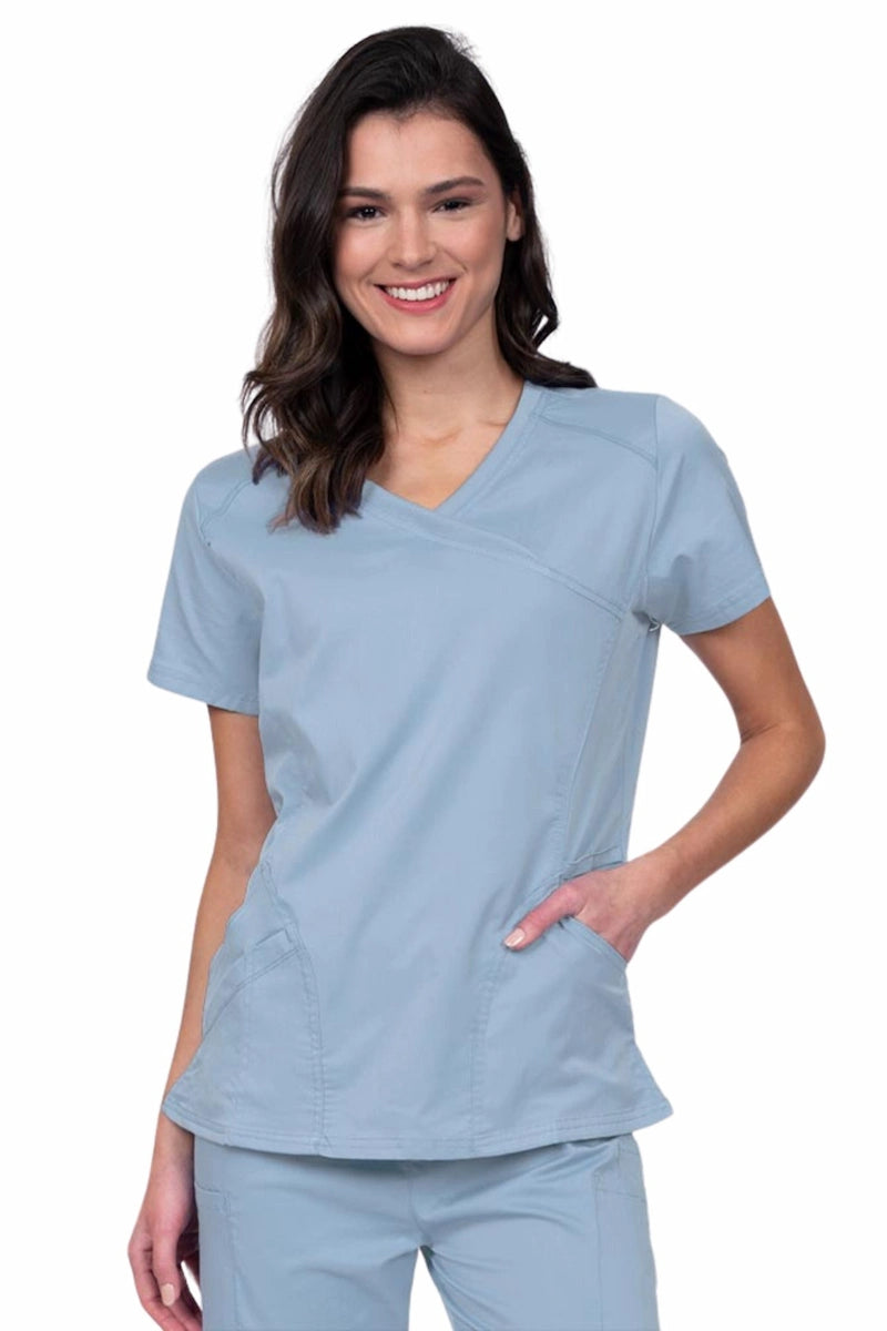 Epic by MedWorks Women's Knit Collar Mock Wrap Scrub Top | Blue Fog