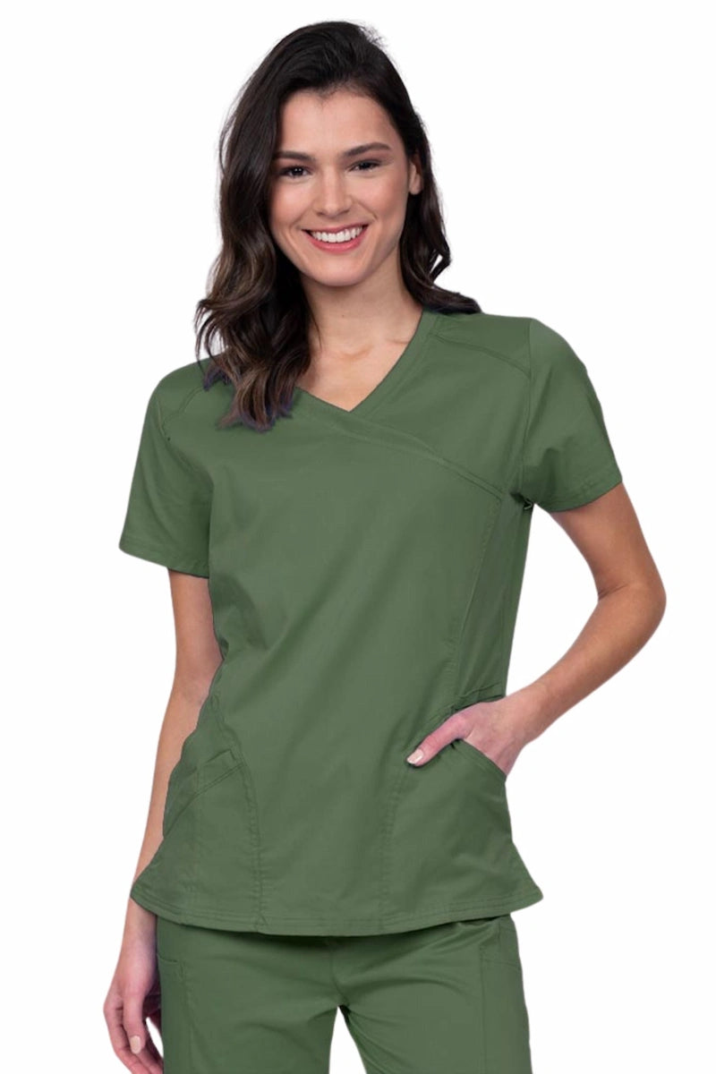 Epic by MedWorks Women's Knit Collar Mock Wrap Scrub Top | Olive