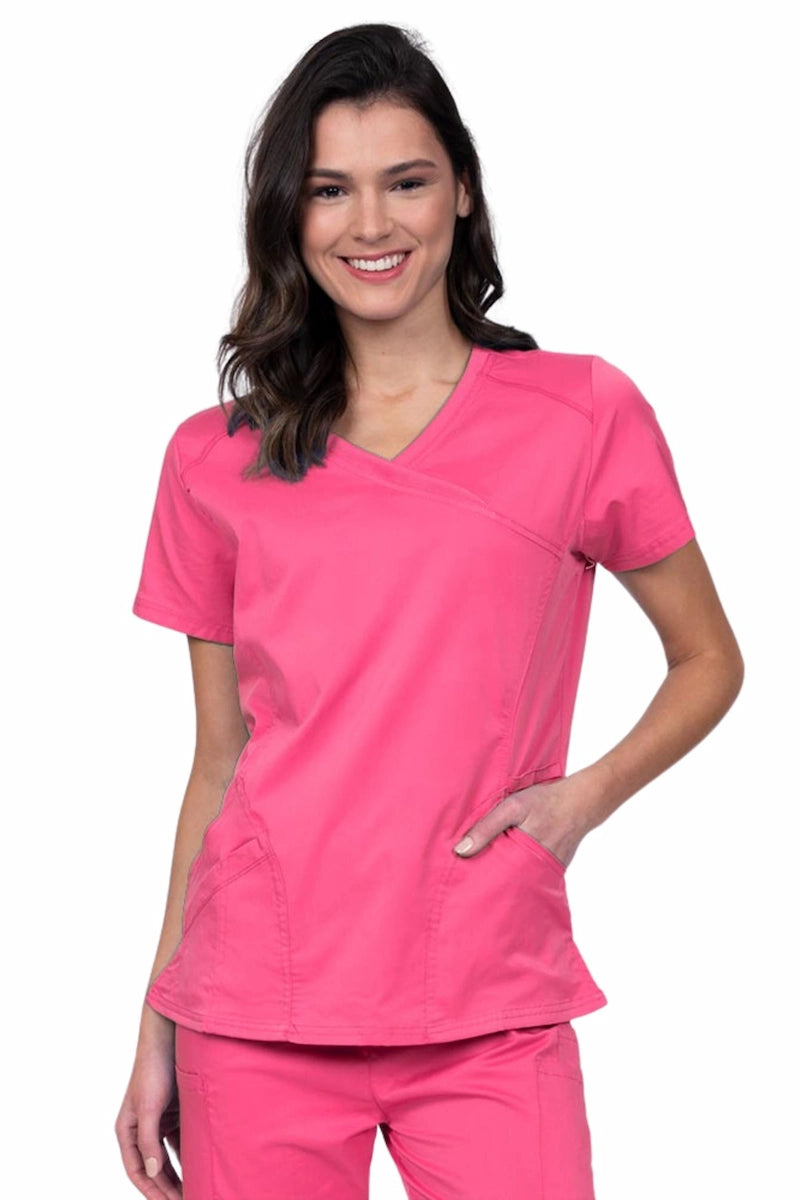 Epic by MedWorks Women's Knit Collar Mock Wrap Scrub Top | Shocking Pink