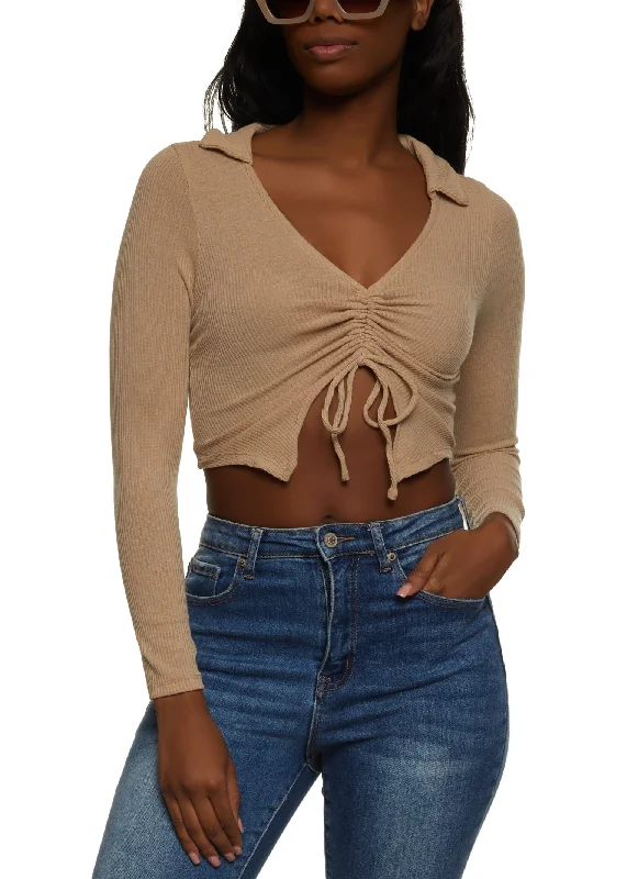 Rib Knit Ruched Tie Front Top