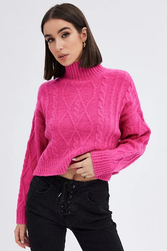 Pink Cable Knit Jumper High neck