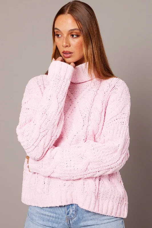 Pink Cable Knit Jumper High Neck