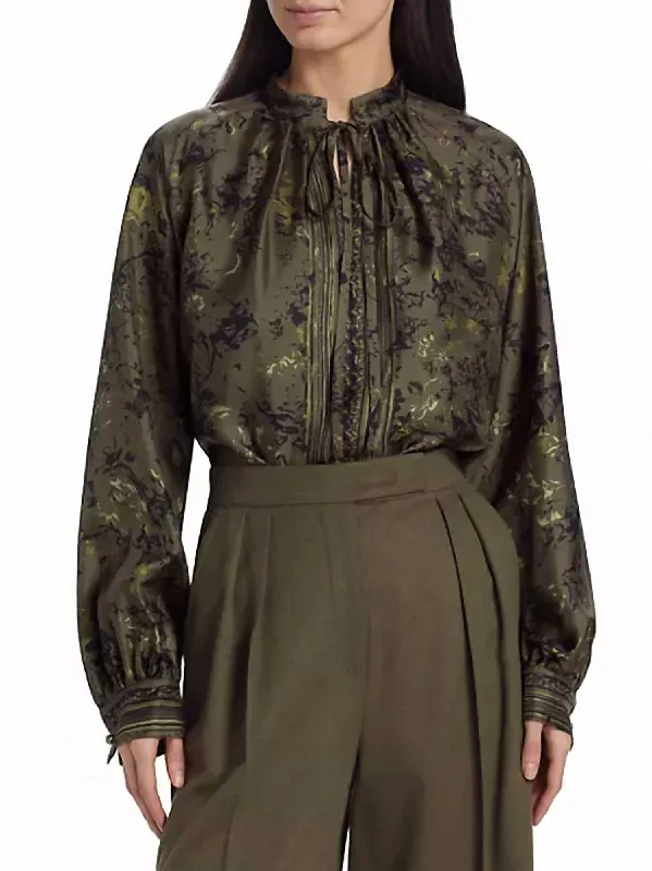 Ardenne Floral Print Silk Twill Blouse In Khaki