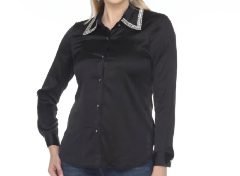 Bling Collar Satin Button Up Blouse In Black