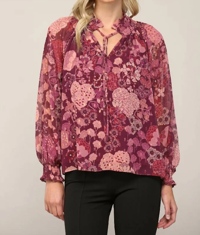 Floral Print Lurex Chiffon Tie Neck Blouse In Maroon Multi