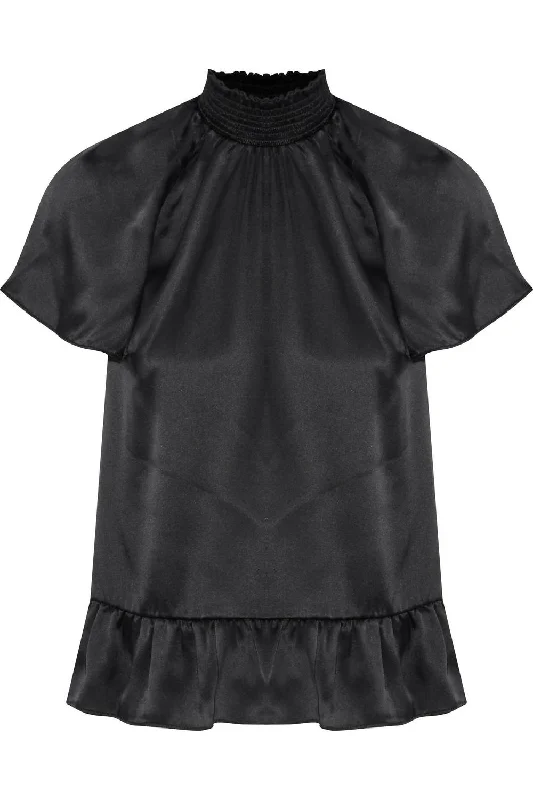 Harbor High Smocked Neckline Ruffled Silk Blouse in Black