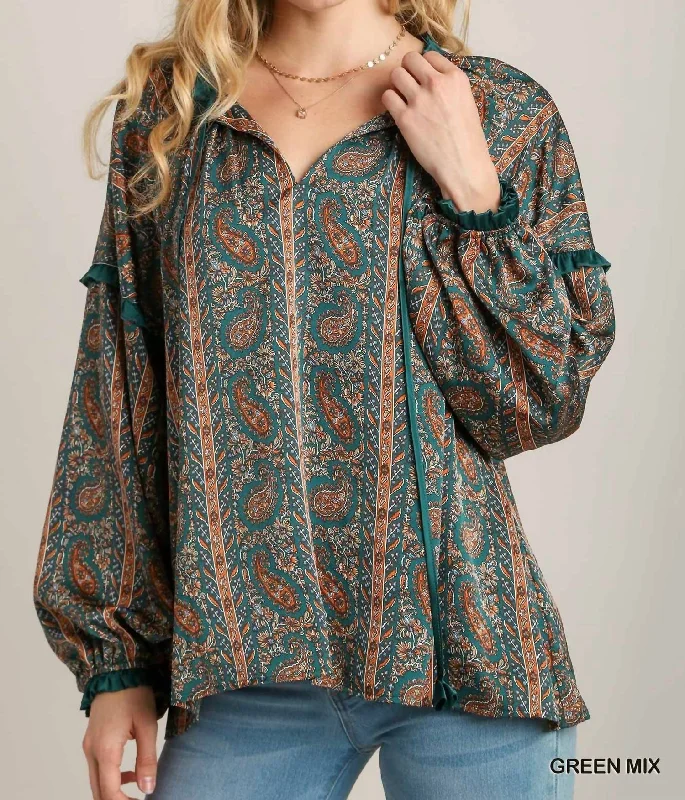 Keren Satin Paisley Blouse In Green