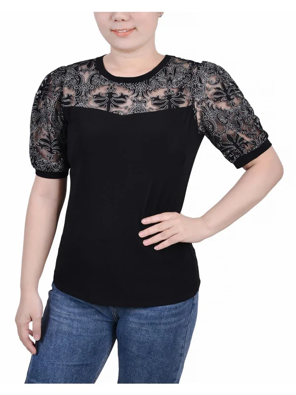 Petites Womens Lace Burnout Blouse