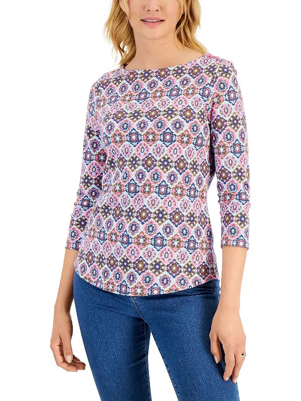 Petites Womens Pima Cotton Tile Print Blouse