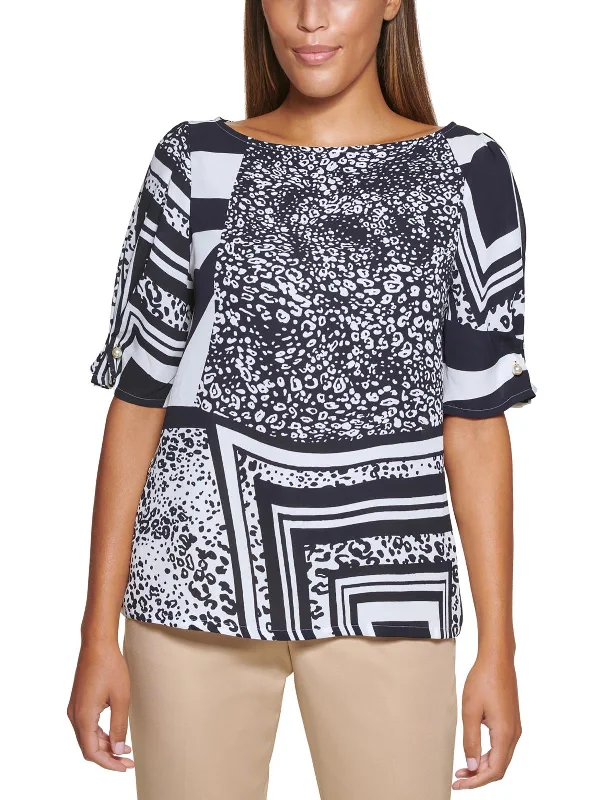 Petites Womens Printed Embellished Blouse