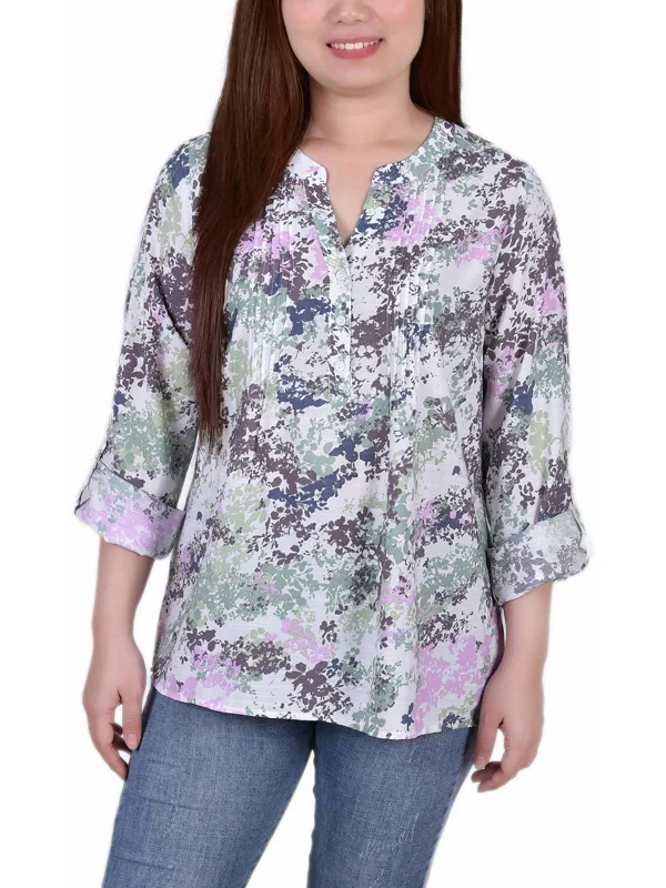 Petites Womens Printed Pleated Blouse