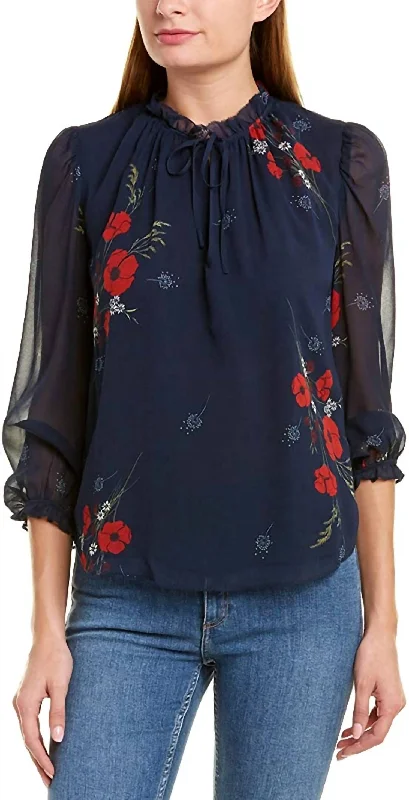 Rafaella Ruffle Trim Self Tie Neckline Silk Blouse in Midnight