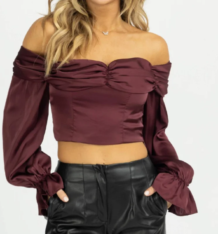 Satin Off Shoulder Blouse In Burgundy