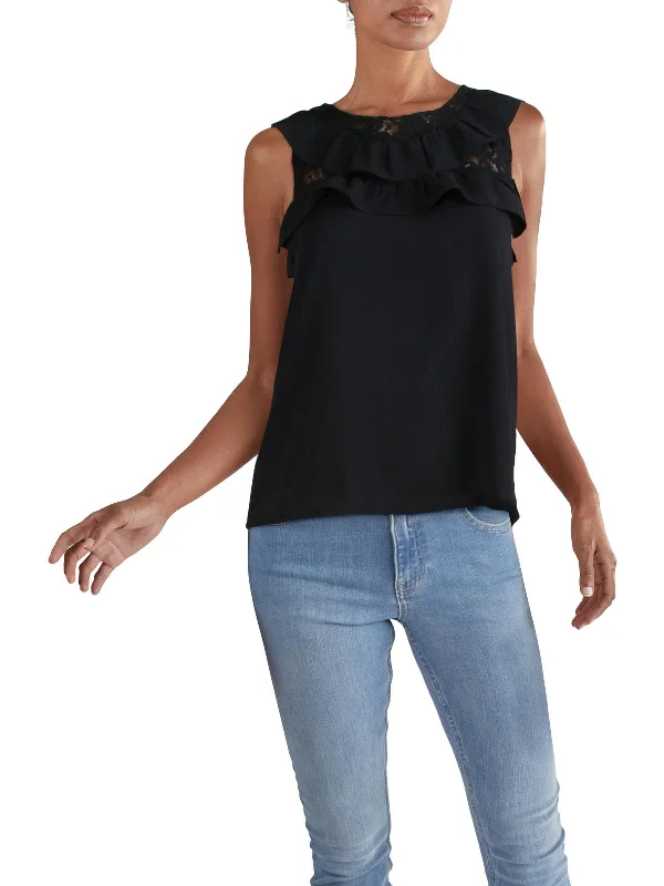 Womens Lace Trim Ruffles Blouse