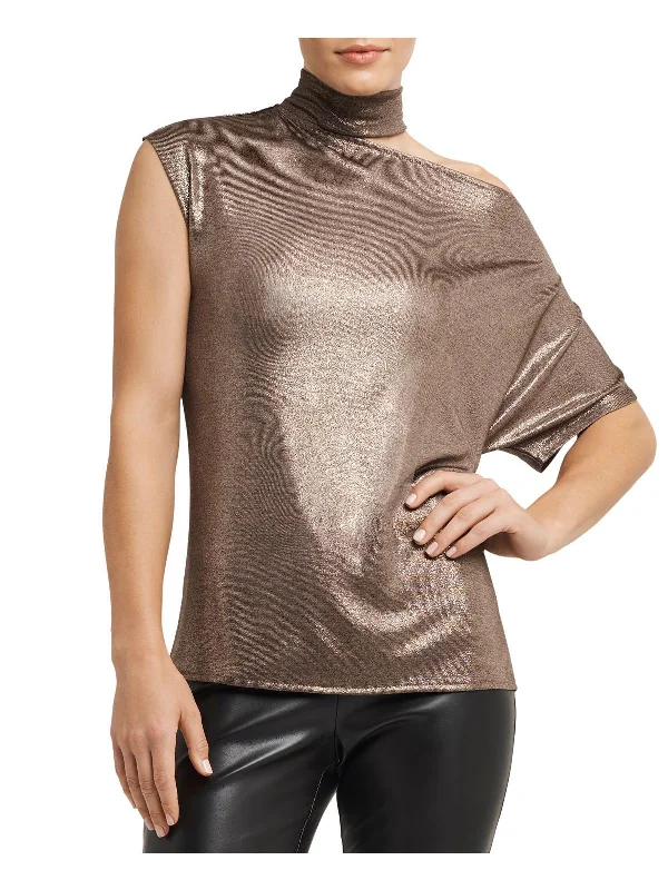 Womens Metallic Mock Neck Blouse